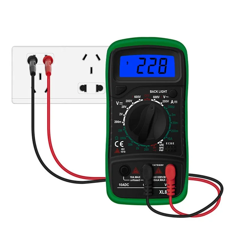 Digital multimeter handheld LCD display black yellow with test leads for voltage current resistance triode measurement