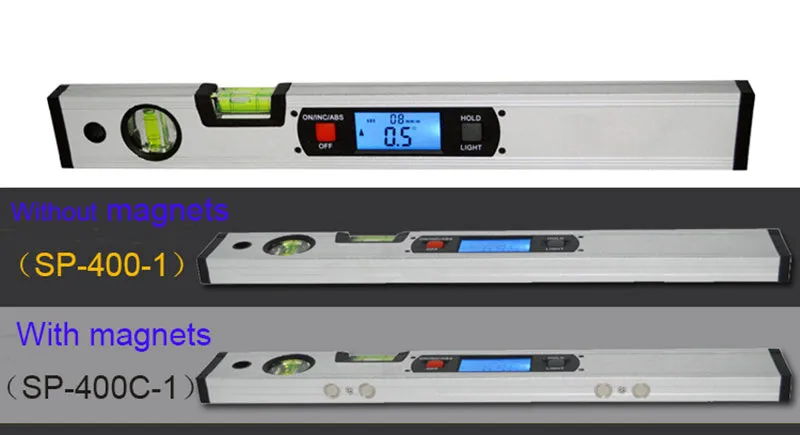 Digital magnetic angle meter with 400mm ruler, flip-up LCD screen, and 4 built-in magnets on black base