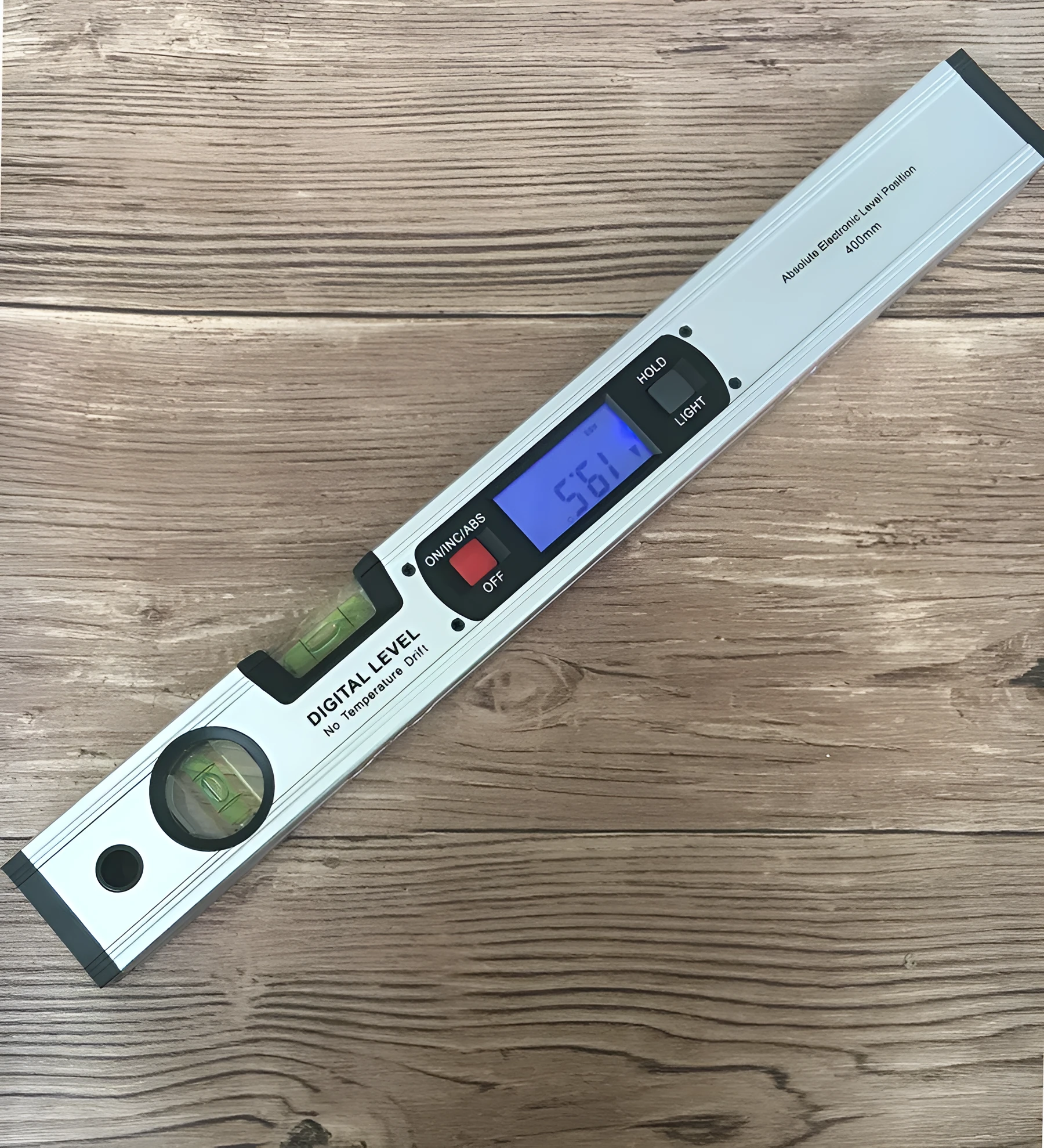 Digital magnetic angle meter with 400mm ruler, flip-up LCD screen, and 4 built-in magnets on black base