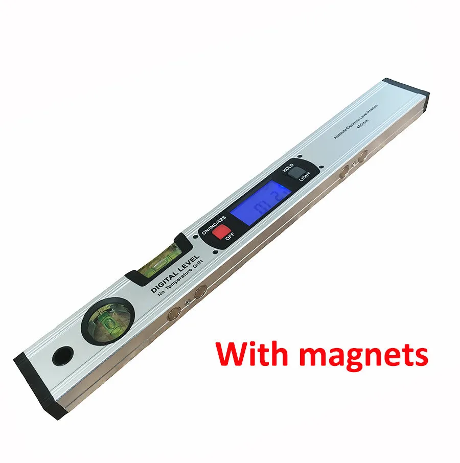Digital magnetic angle meter with 400mm ruler, flip-up LCD screen, and 4 built-in magnets on black base