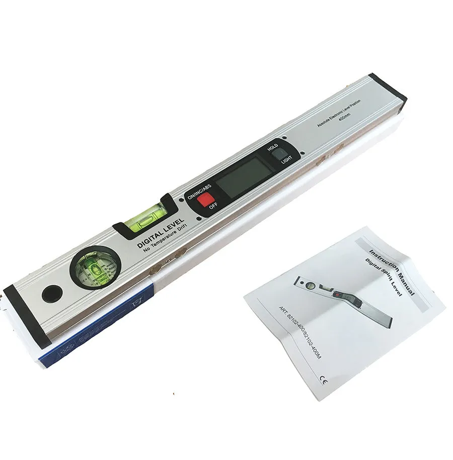 Digital magnetic angle meter with 400mm ruler, flip-up LCD screen, and 4 built-in magnets on black base