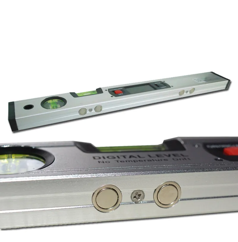 Digital magnetic angle meter with 400mm ruler, flip-up LCD screen, and 4 built-in magnets on black base