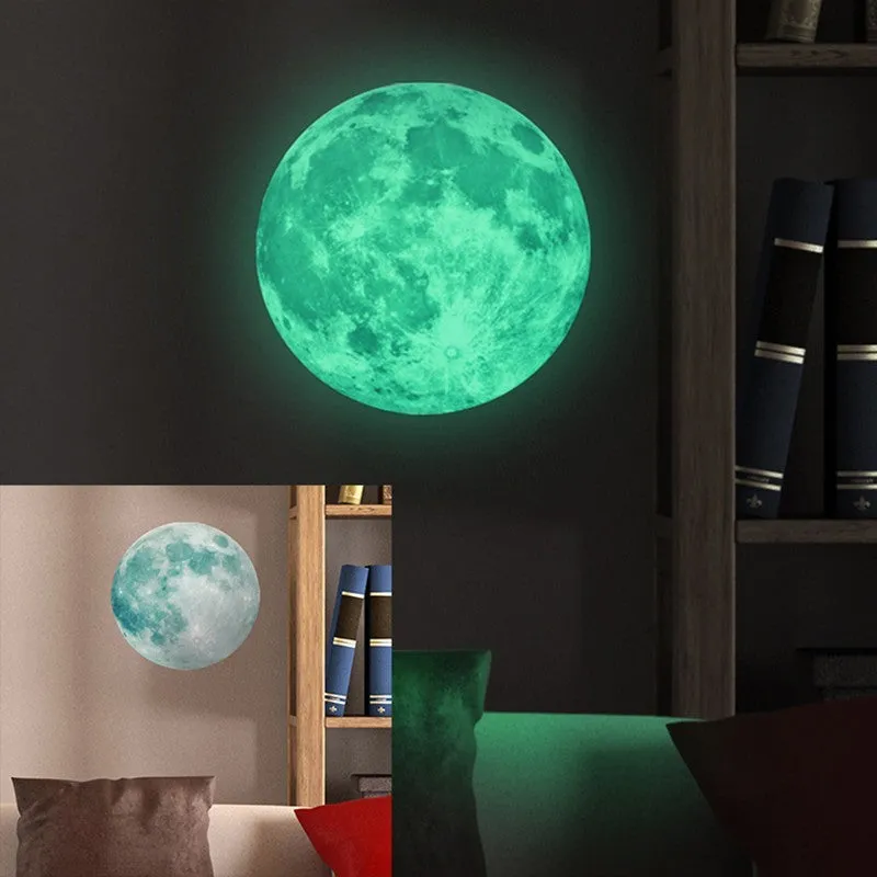 30cm green fluorescent moon wall sticker with super bright glitter finish on a bedroom wall