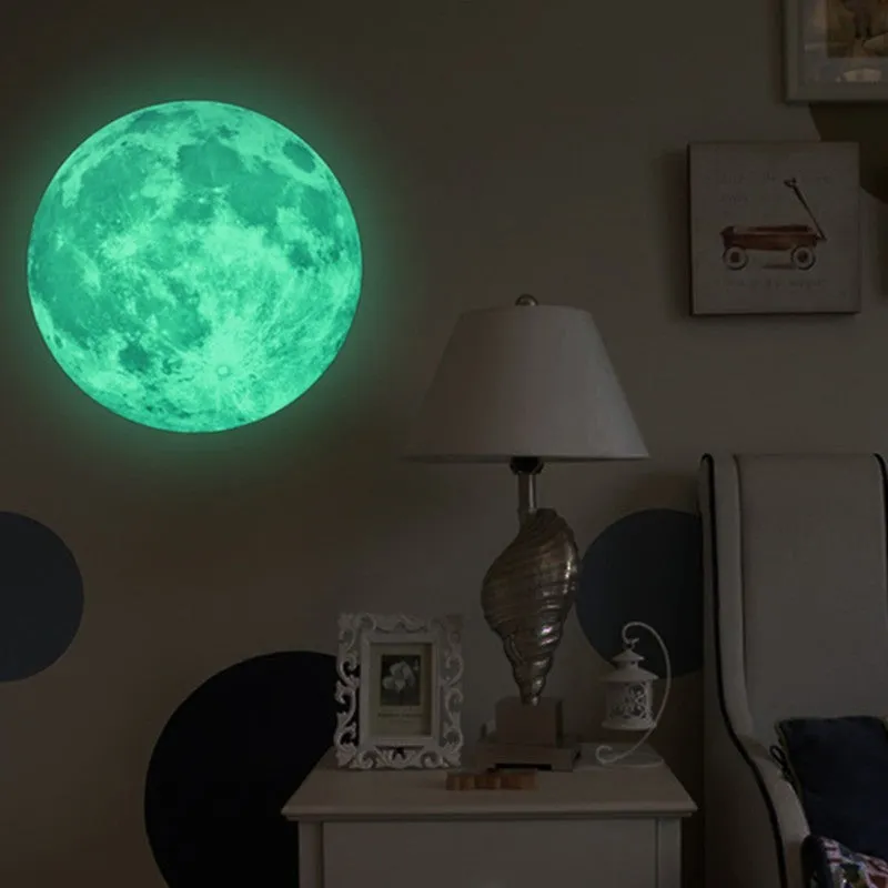 30cm green fluorescent moon wall sticker with super bright glitter finish on a bedroom wall