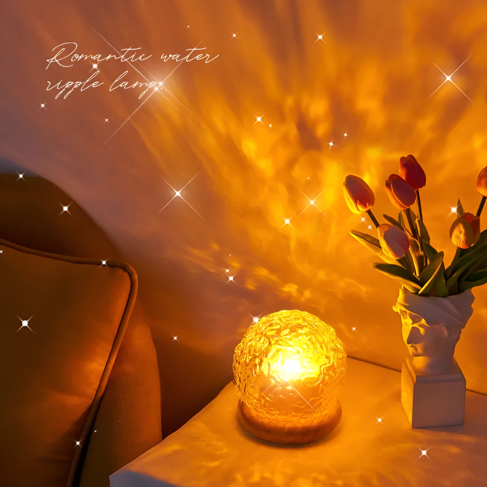 Projector night lamp with water ripple effect and remote control on a bedside table