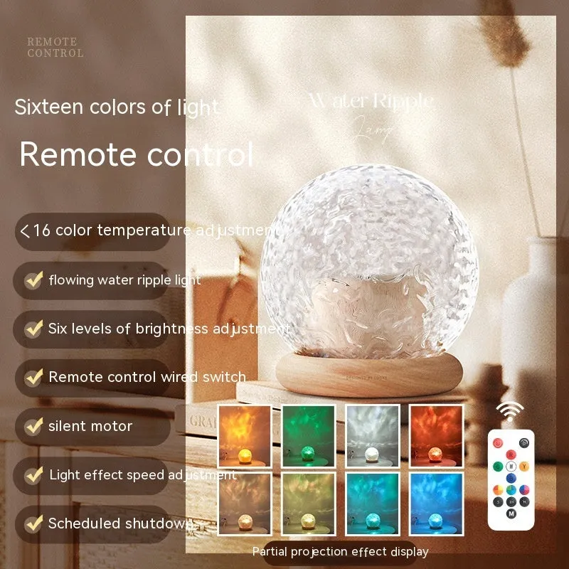 Projector night lamp with water ripple effect and remote control on a bedside table