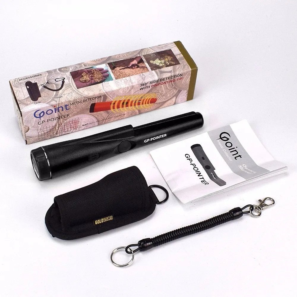 Portable Pro Pointer pinpointer metal detector in black with woven belt holster for gold and treasure hunting