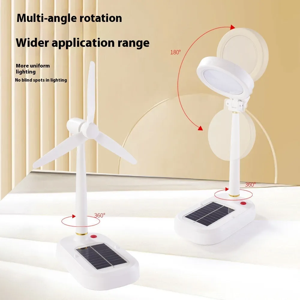 Ivory white solar charging table fan with integrated LED study lamp on a desk