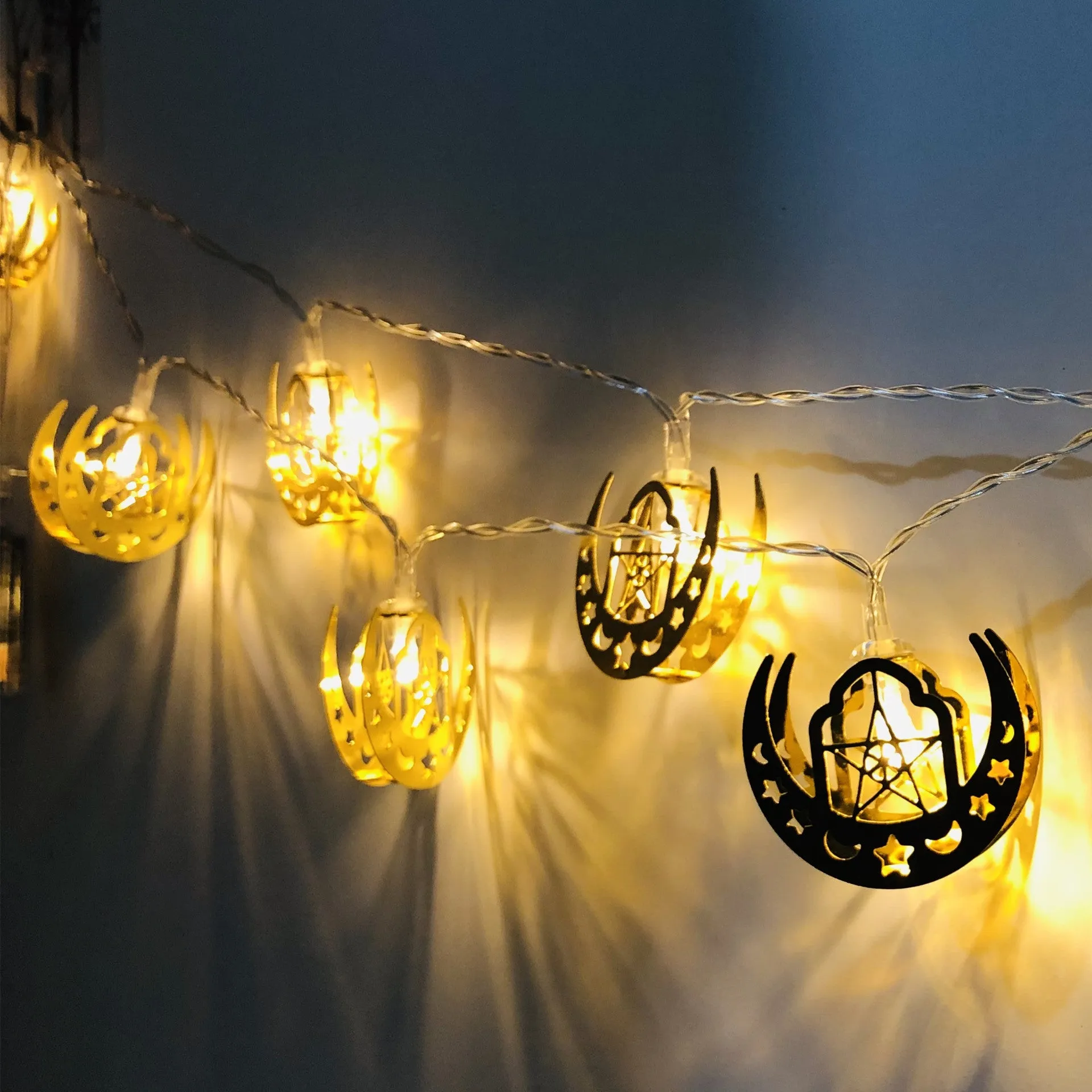 Gold wrought iron moon and star pendant LED string lights for Ramadan or Eid interior decoration