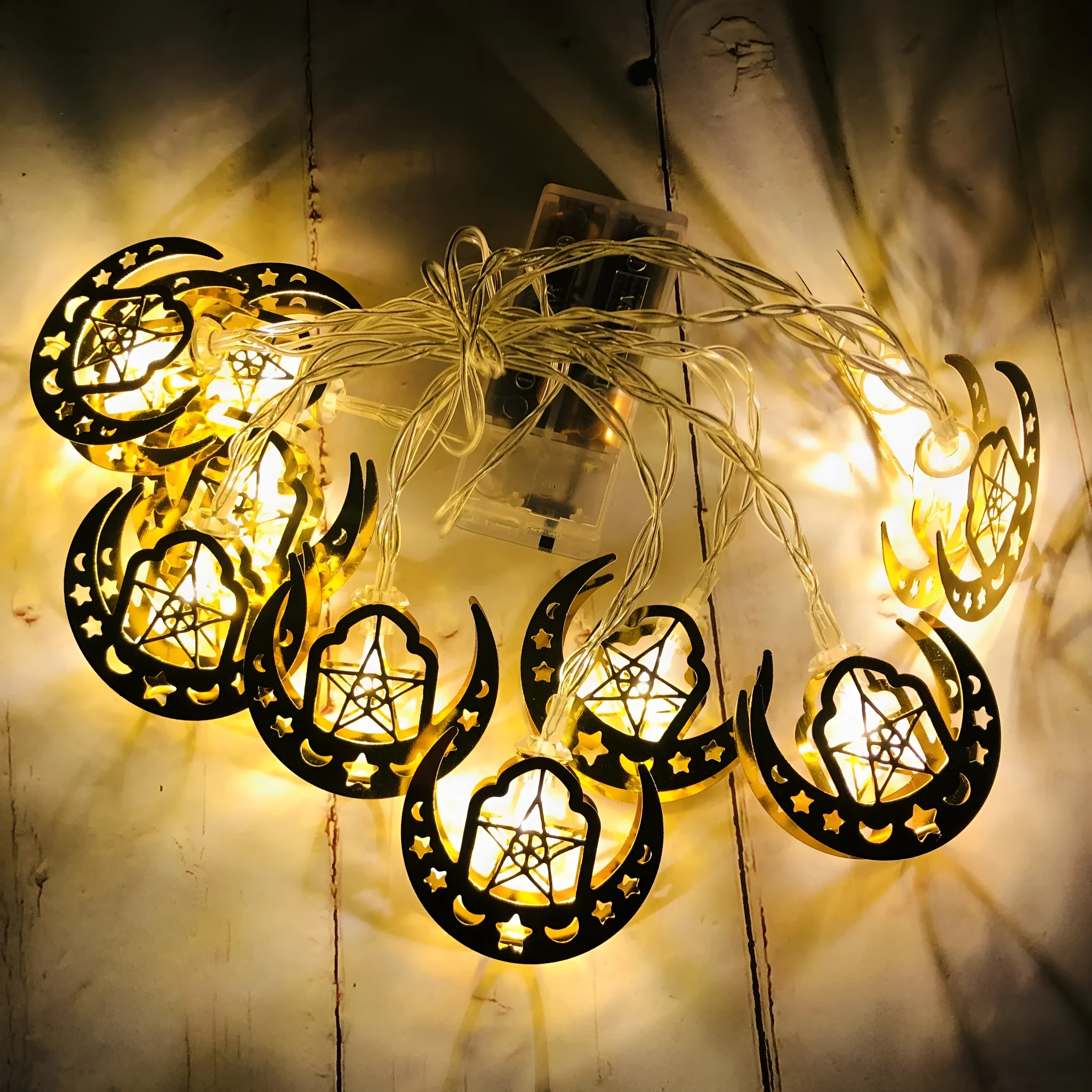 Gold wrought iron moon and star pendant LED string lights for Ramadan or Eid interior decoration