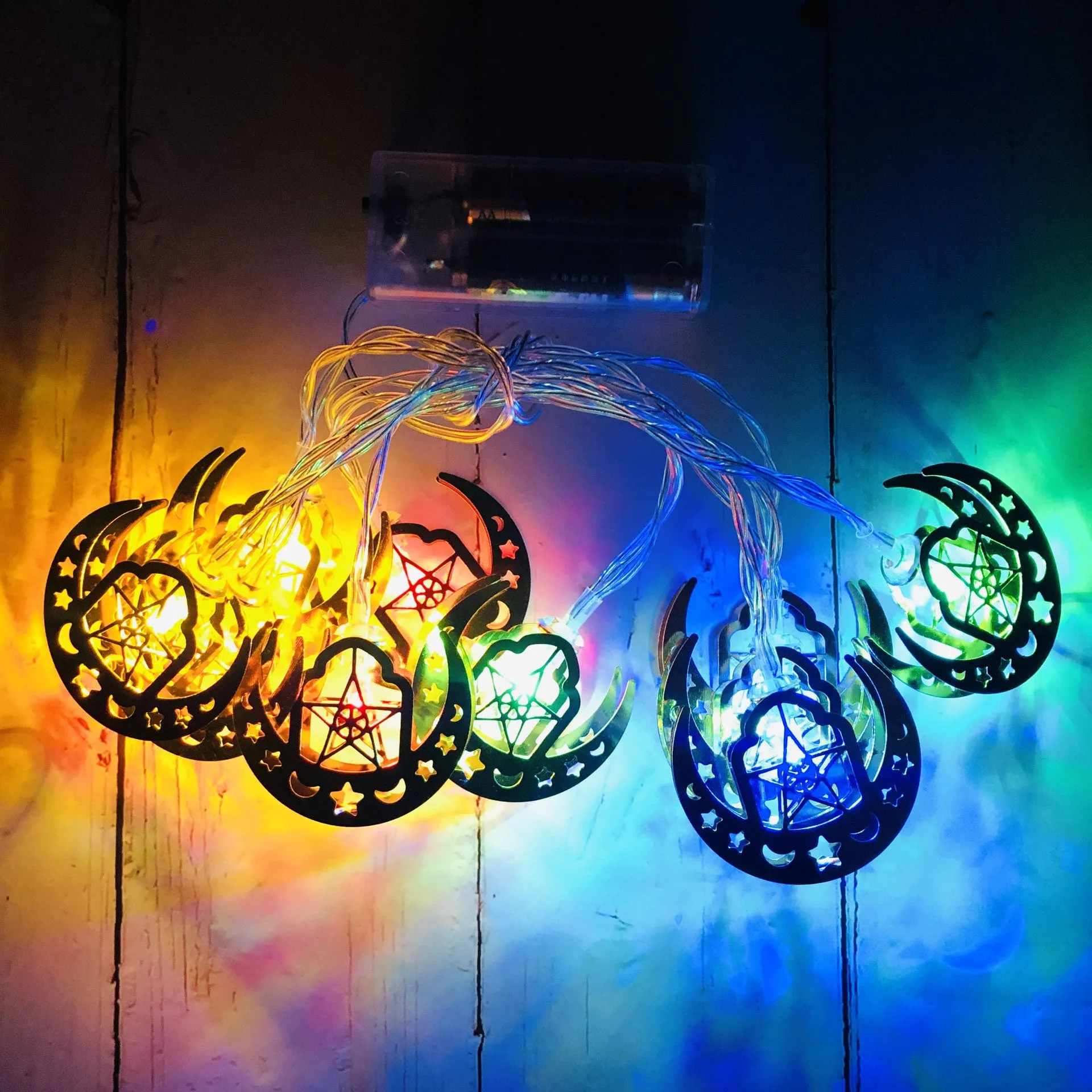 Gold wrought iron moon and star pendant LED string lights for Ramadan or Eid interior decoration