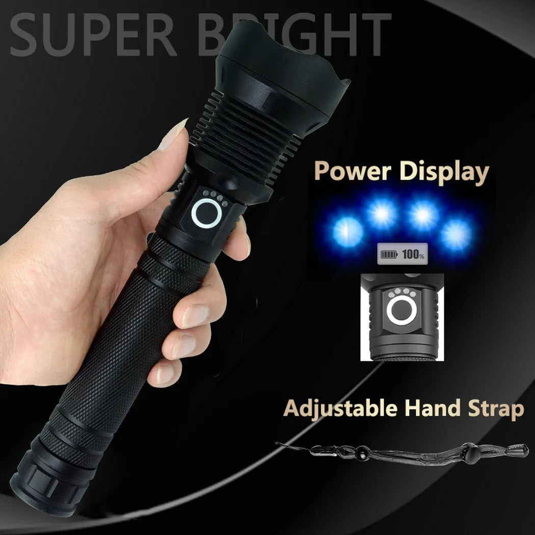 Black USB rechargeable P70 LED flashlight 4000 lumens with telescopic zoom and aluminium alloy body on outdoor background
