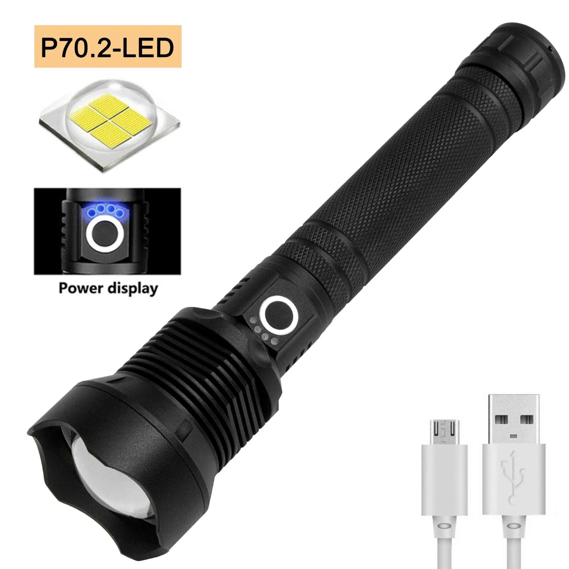 Black USB rechargeable P70 LED flashlight 4000 lumens with telescopic zoom and aluminium alloy body on outdoor background