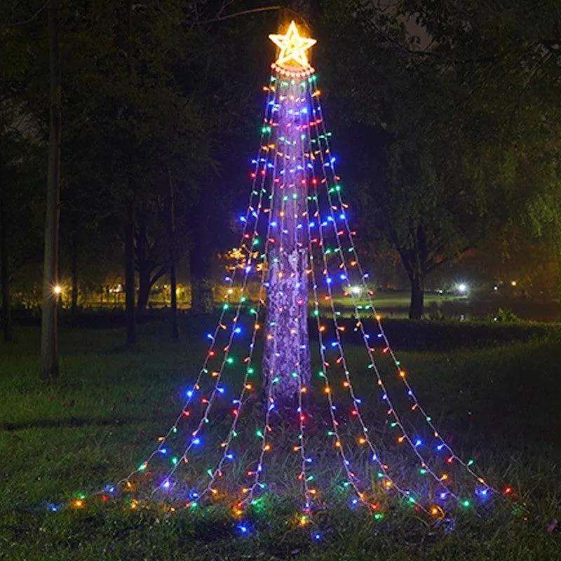 LED five-pointed star waterfall light for outdoor courtyard decoration, 1000mm length, warm white light, on a wooden fence