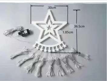 LED five-pointed star waterfall light for outdoor courtyard decoration, 1000mm length, warm white light, on a wooden fence