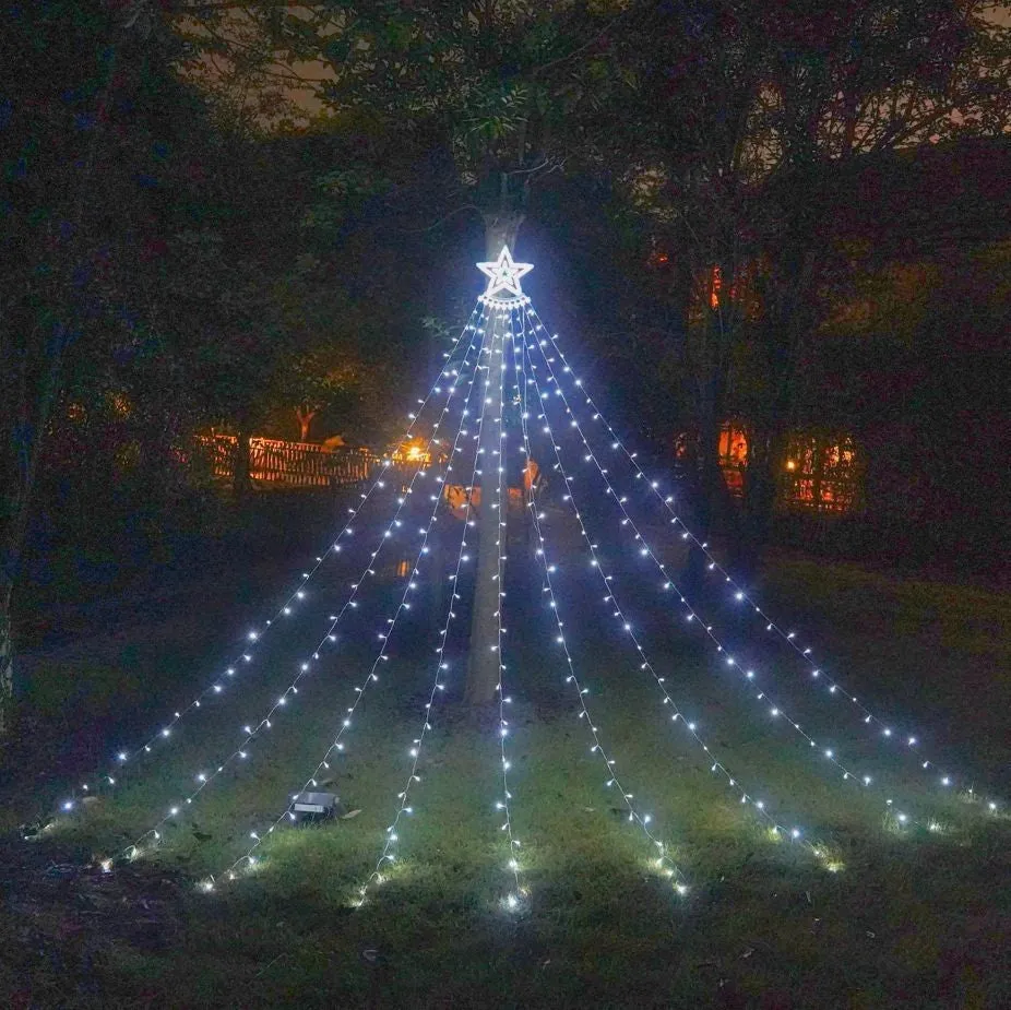 LED five-pointed star waterfall light for outdoor courtyard decoration, 1000mm length, warm white light, on a wooden fence