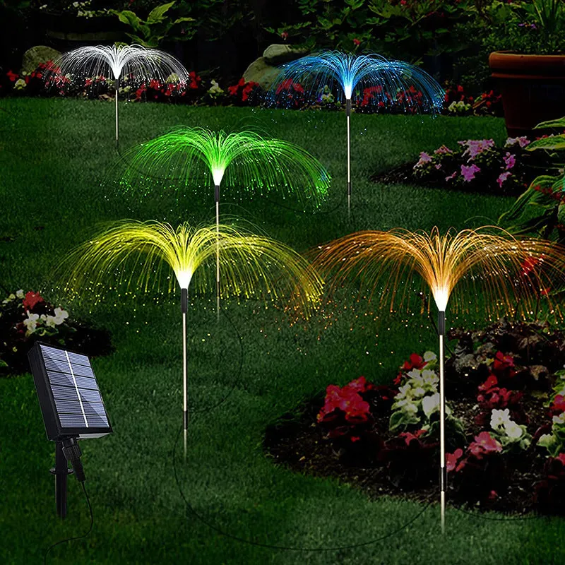 Solar fiber LED jellyfish ground light with remote control in a garden setting, IP44 outdoor decorative light
