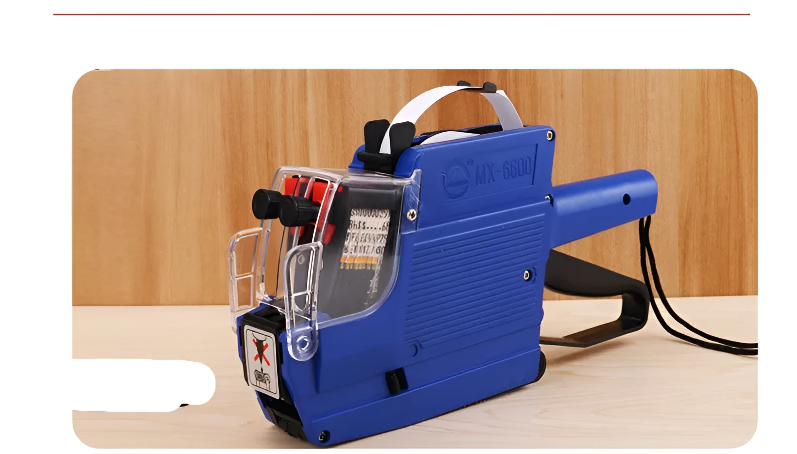 Manual supermarket price coding machine in blue, red, or yellow with paper rolls for bottle labelling