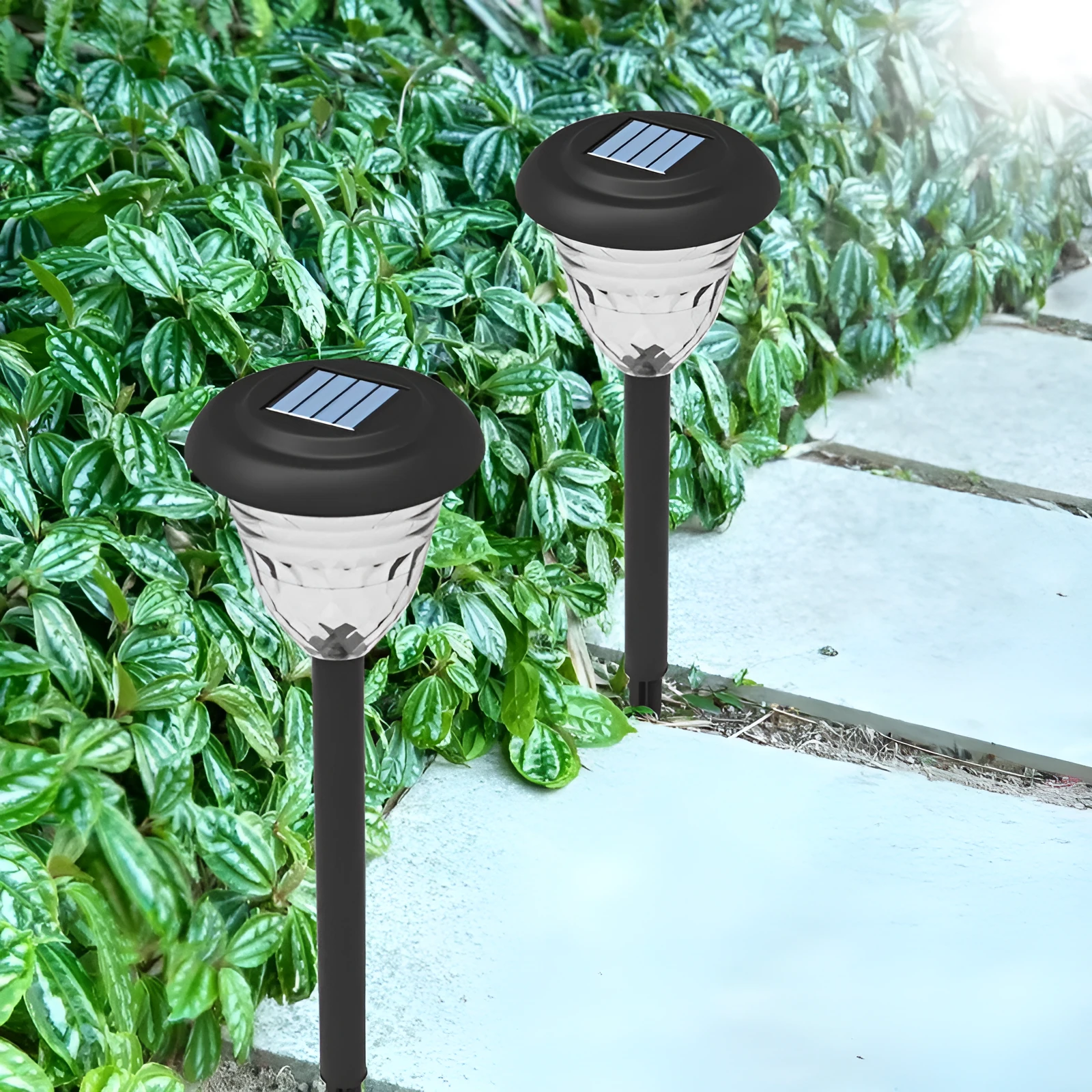 Black solar lawn light with IP55 waterproof rating and polysilicon solar panel for garden pathway illumination