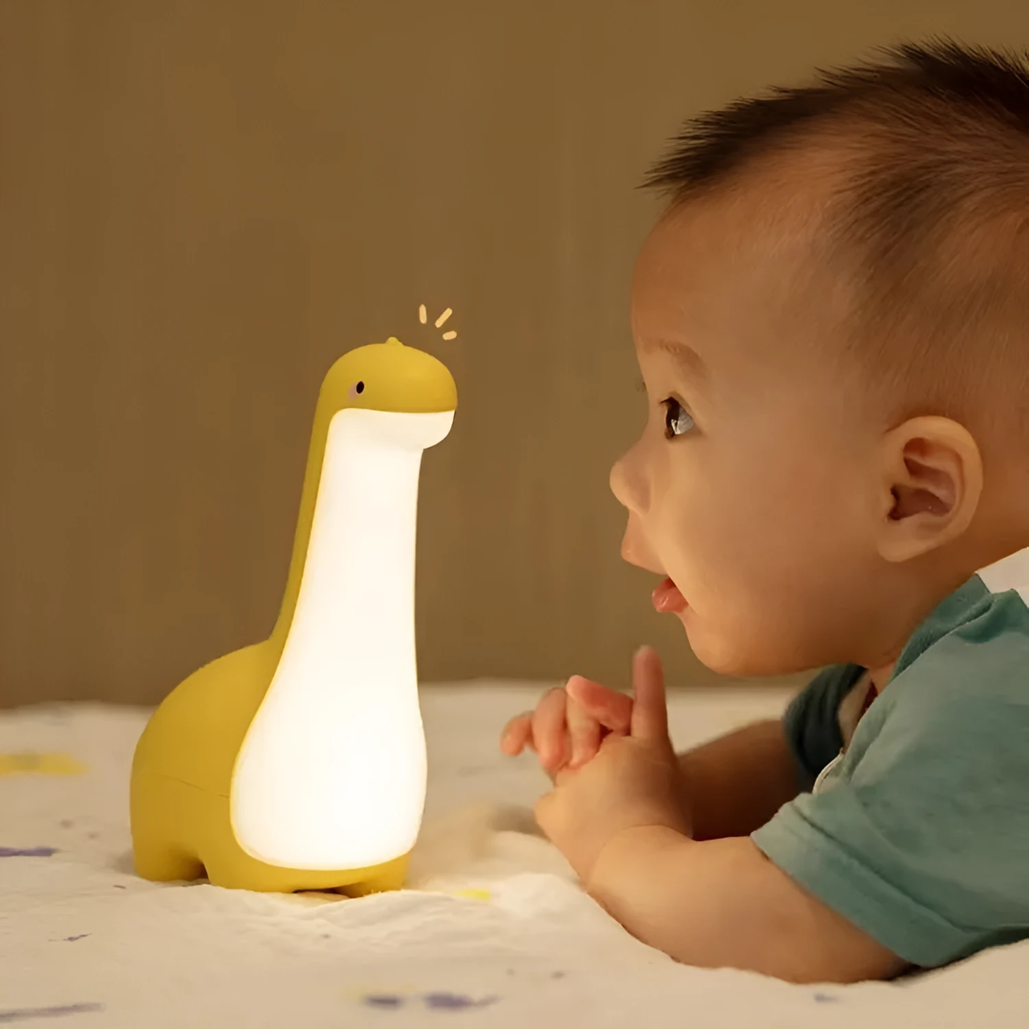 Cute dinosaur night light with 3000K warm glow in lemon yellow, USB rechargeable for kids bedroom decoration