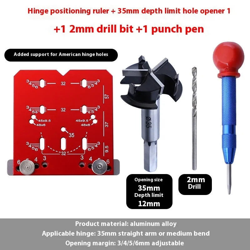 Red aluminium alloy hinge locating ruler with adjustable margins and carbide tip blade for 35mm hinges.