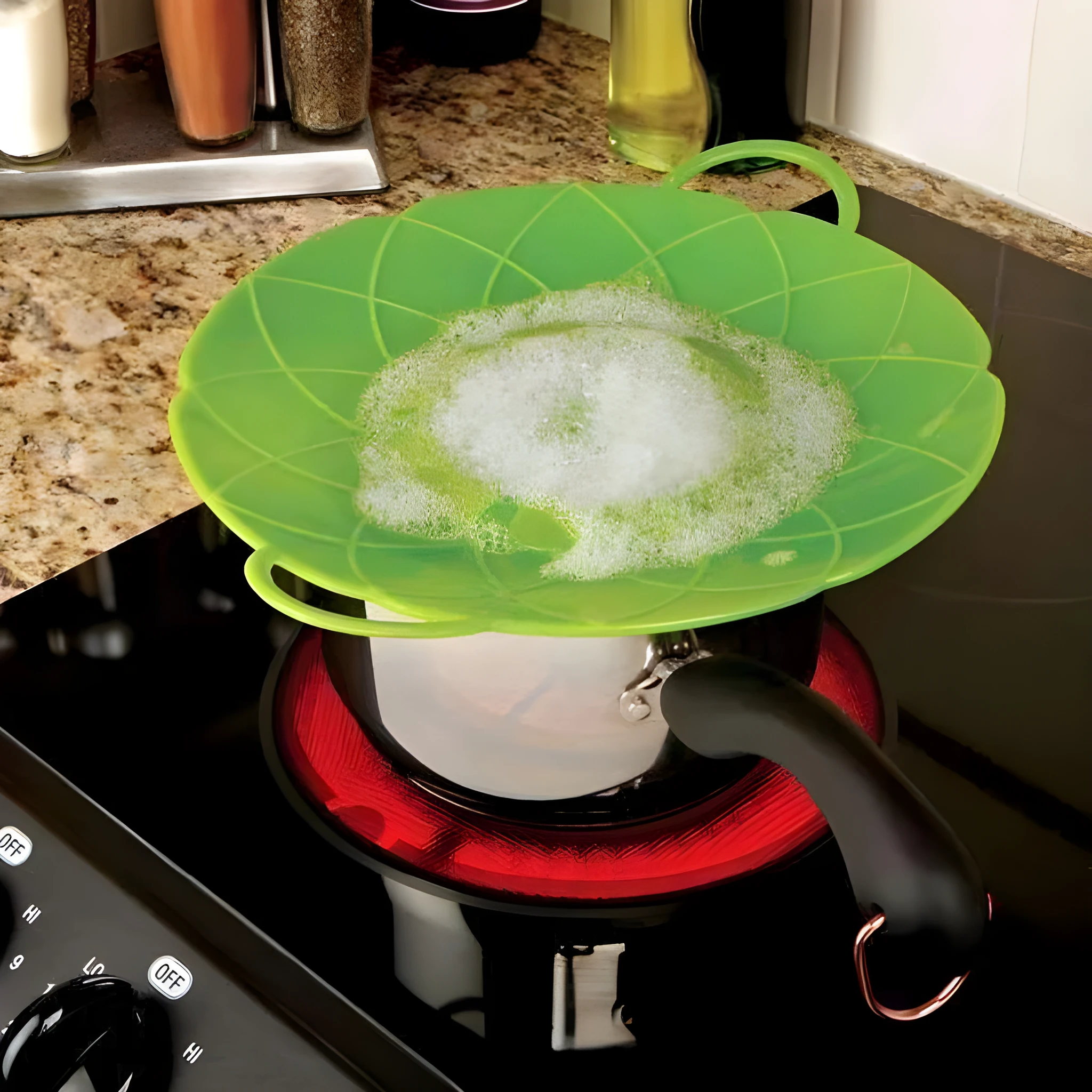 Green silicone spill stopper pan lid for pots 8-10 inch diameter heat-resistant