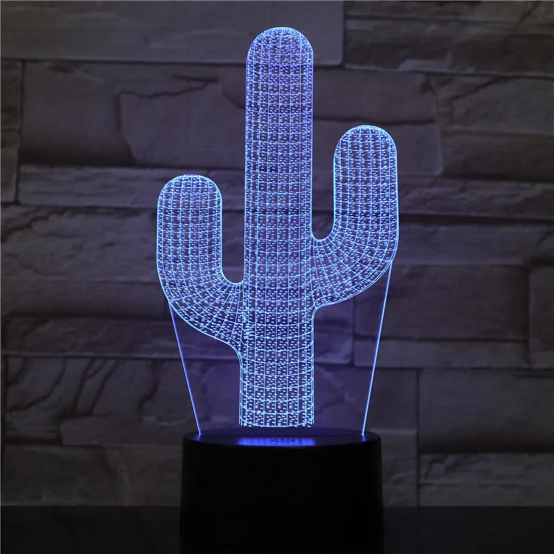 Cactus LED night light with 3D illusion board showing green glow on a table