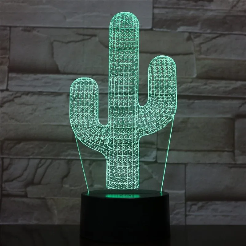 Cactus LED night light with 3D illusion board showing green glow on a table