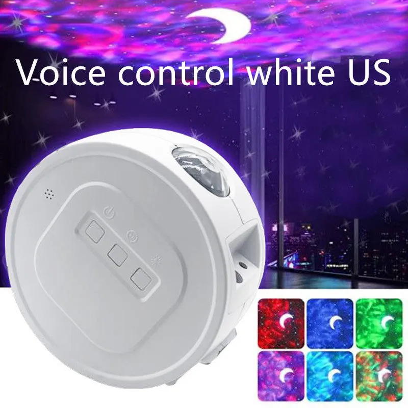 USB Ocean Star Projection Light with 360 degree rotation, starry sky pattern projected on ceiling, white lamp body on desk