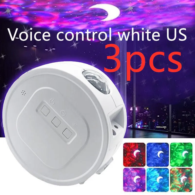 USB Ocean Star Projection Light with 360 degree rotation, starry sky pattern projected on ceiling, white lamp body on desk