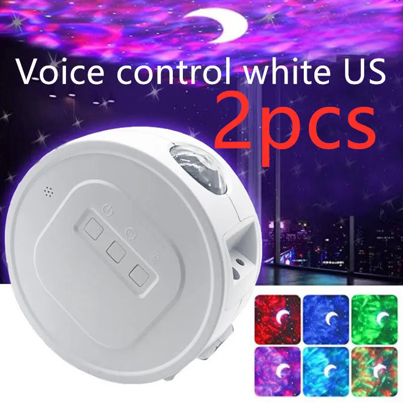 USB Ocean Star Projection Light with 360 degree rotation, starry sky pattern projected on ceiling, white lamp body on desk