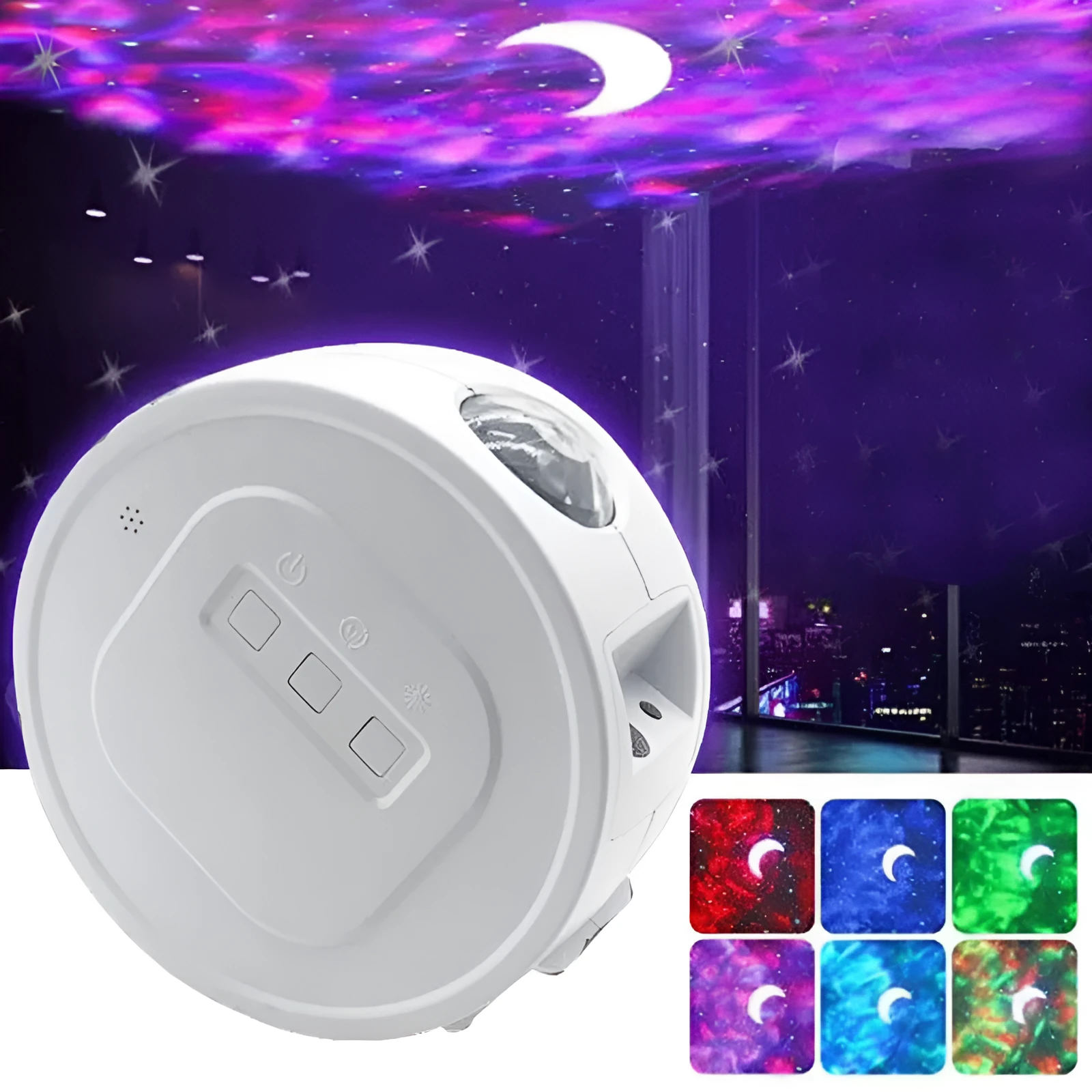 USB Ocean Star Projection Light with 360 degree rotation, starry sky pattern projected on ceiling, white lamp body on desk