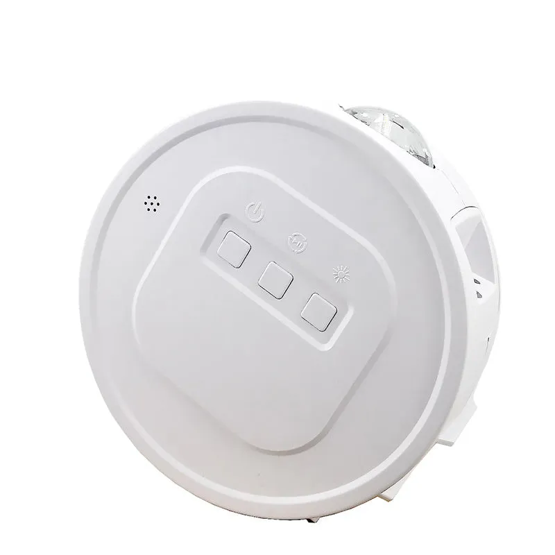 USB Ocean Star Projection Light with 360 degree rotation, starry sky pattern projected on ceiling, white lamp body on desk