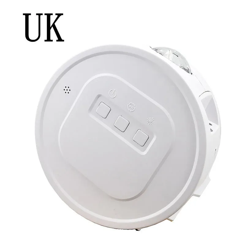 USB Ocean Star Projection Light with 360 degree rotation, starry sky pattern projected on ceiling, white lamp body on desk
