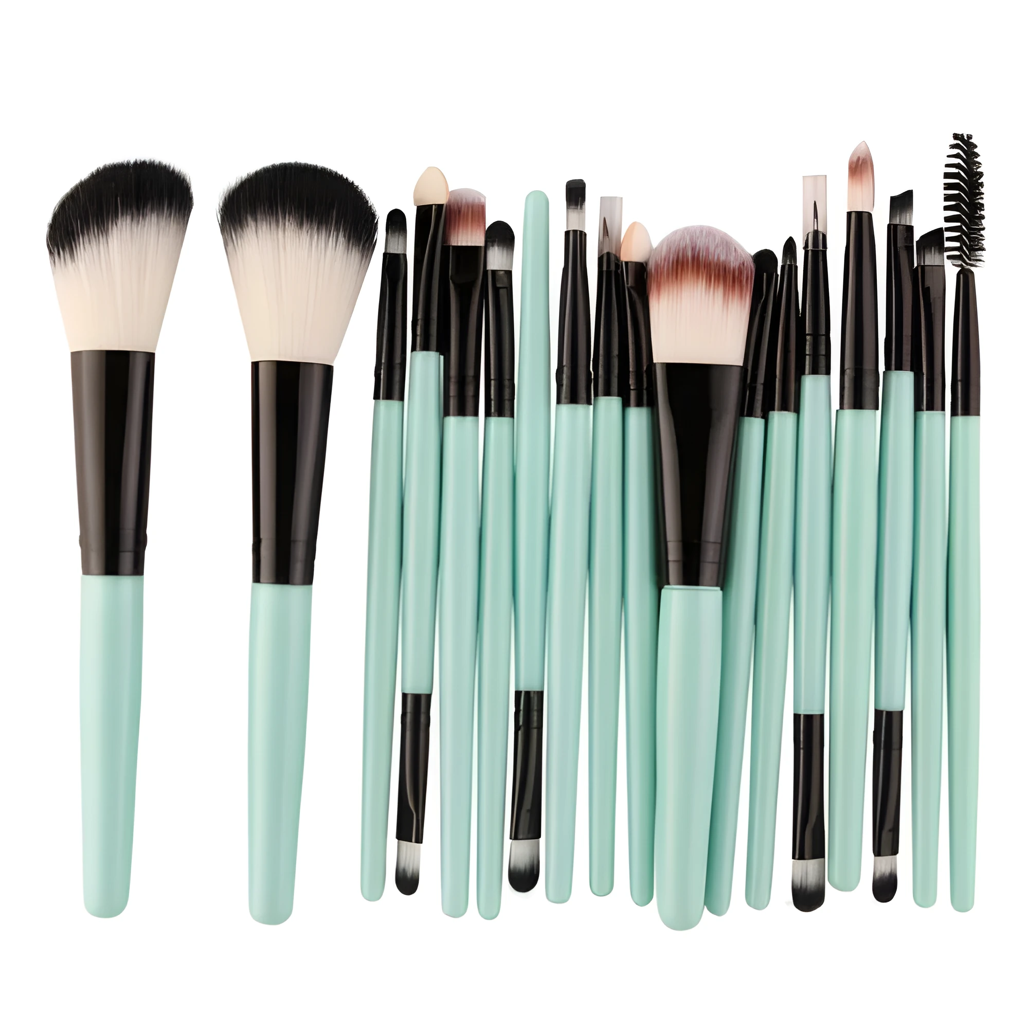 MAANGE 18-piece makeup brush and tool set with fan brushes laid out.