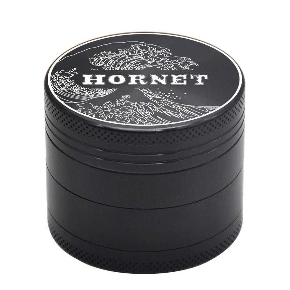 50mm four-layer aluminum alloy smoke grinder with magnetic lid, side view showing layers and metal construction