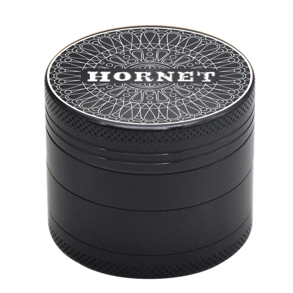 50mm four-layer aluminum alloy smoke grinder with magnetic lid, side view showing layers and metal construction