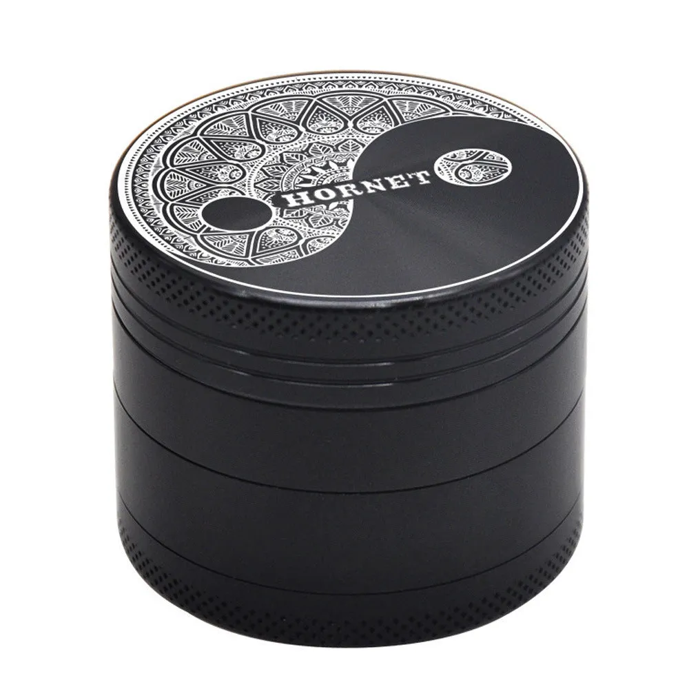 50mm four-layer aluminum alloy smoke grinder with magnetic lid, side view showing layers and metal construction