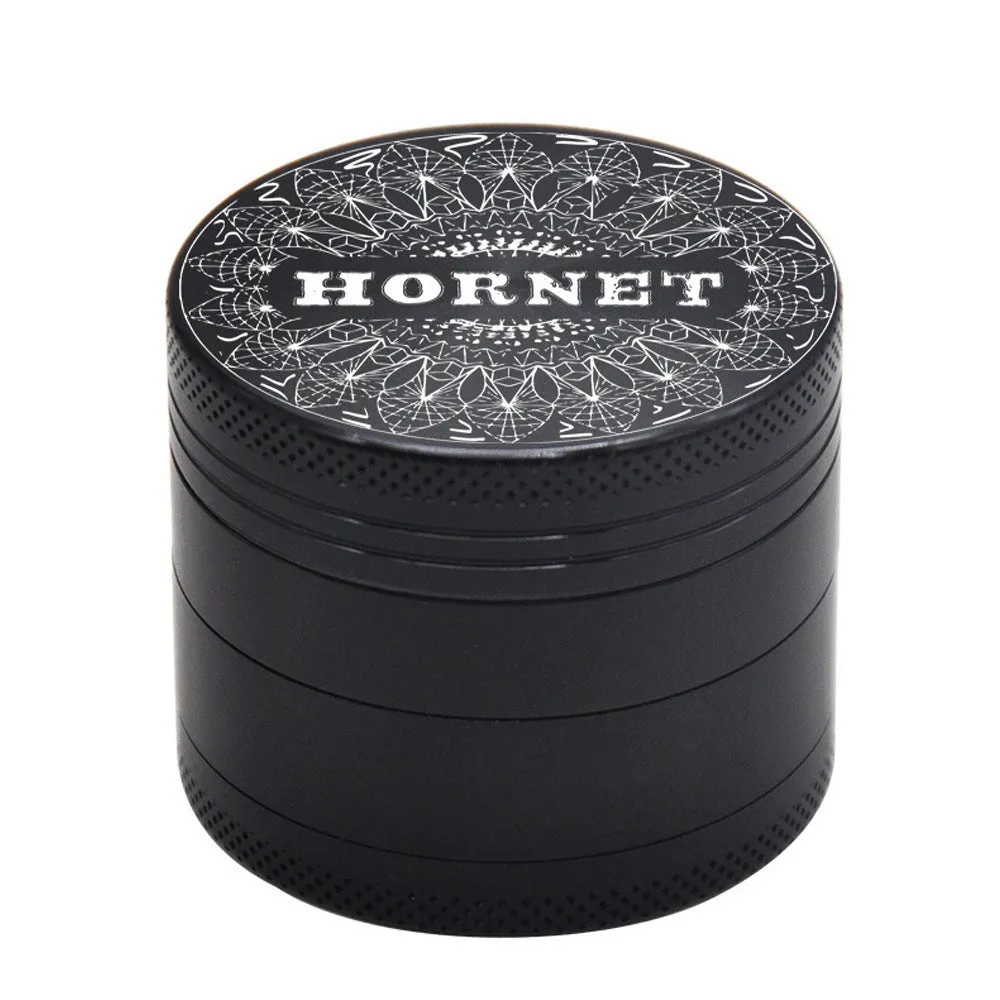 50mm four-layer aluminum alloy smoke grinder with magnetic lid, side view showing layers and metal construction