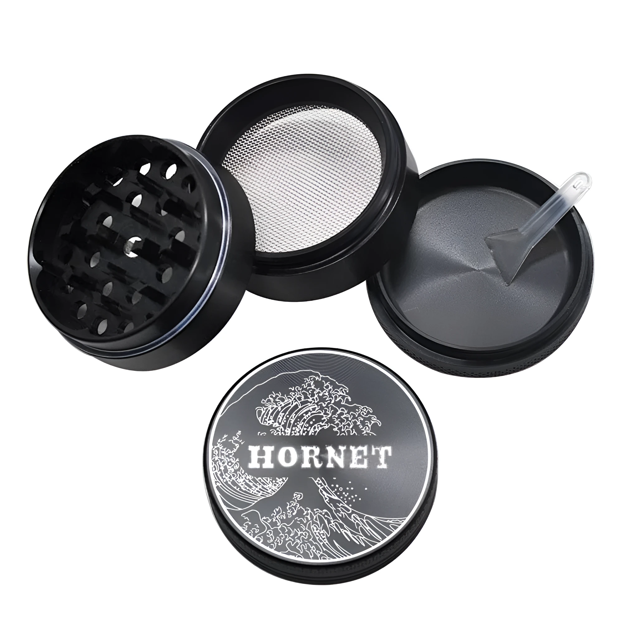 50mm four-layer aluminum alloy smoke grinder with magnetic lid, side view showing layers and metal construction