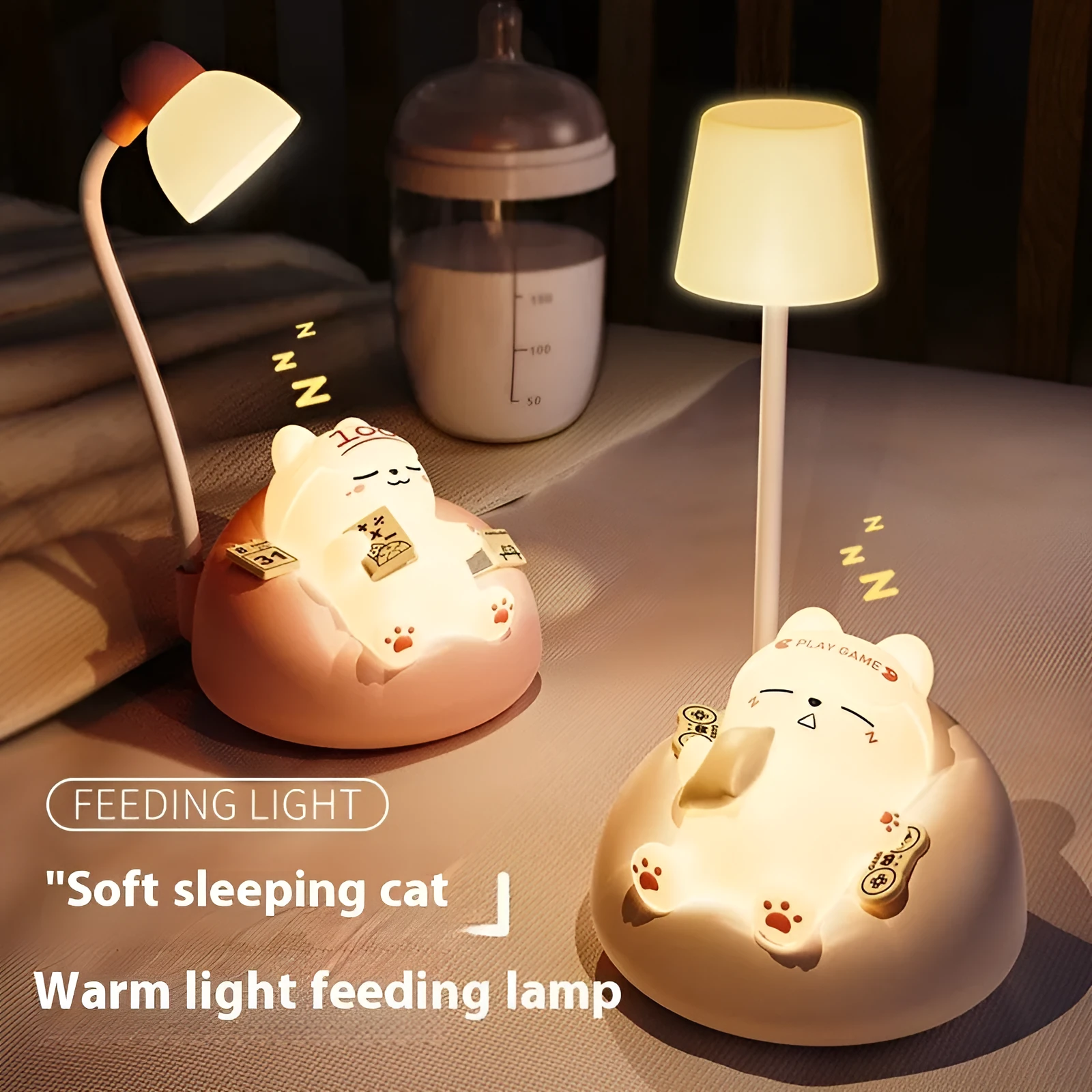 Sleeping cat shaped small night lamp in pink with USB charging cable on bedside table