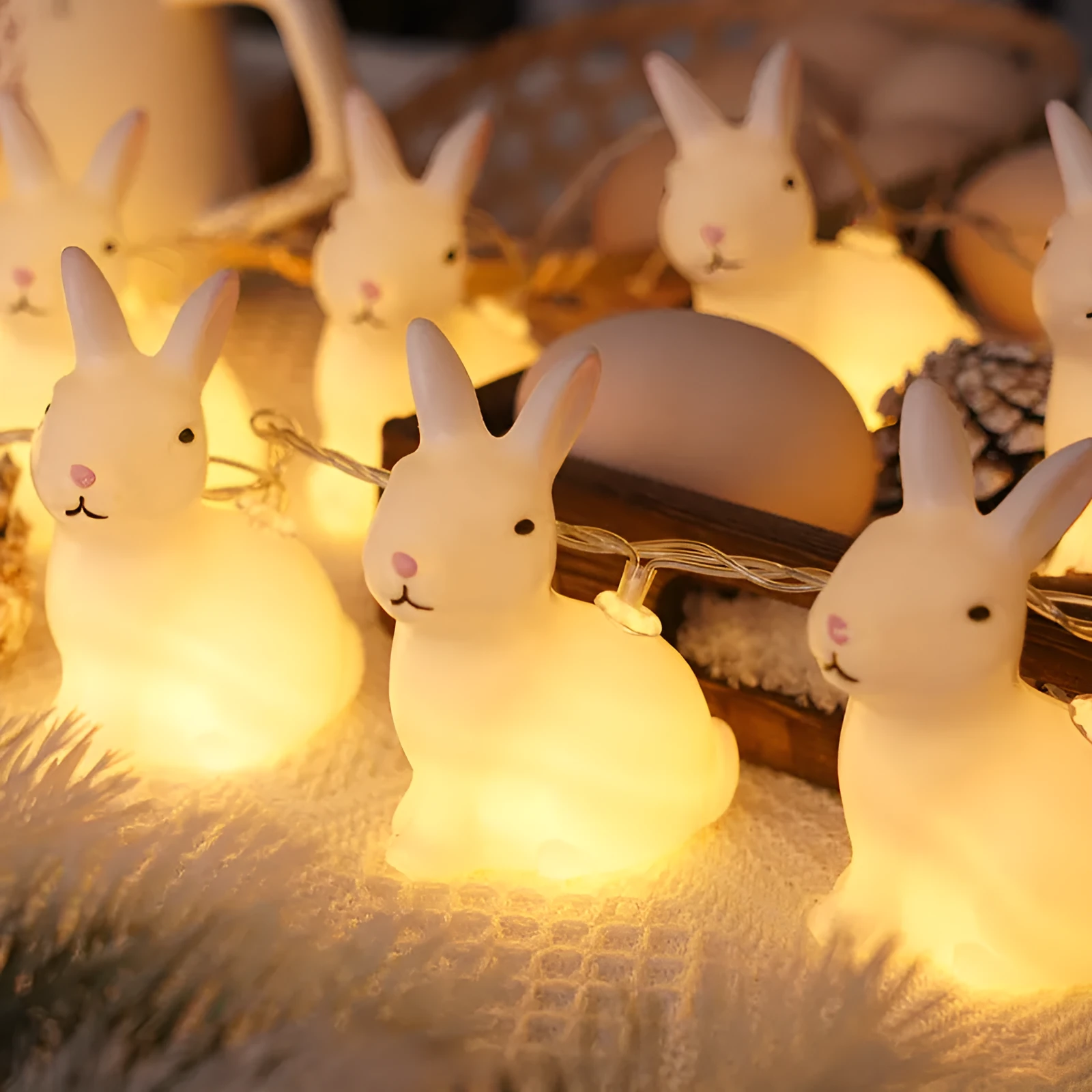 Easter plastic egg lamp string with warm white lights, cross pattern, USB battery powered, 10 lamps on 1.5m wire