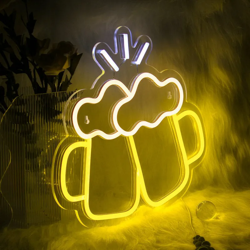 Yellow LED neon sign reading Bar Beer Cheers with acrylic background