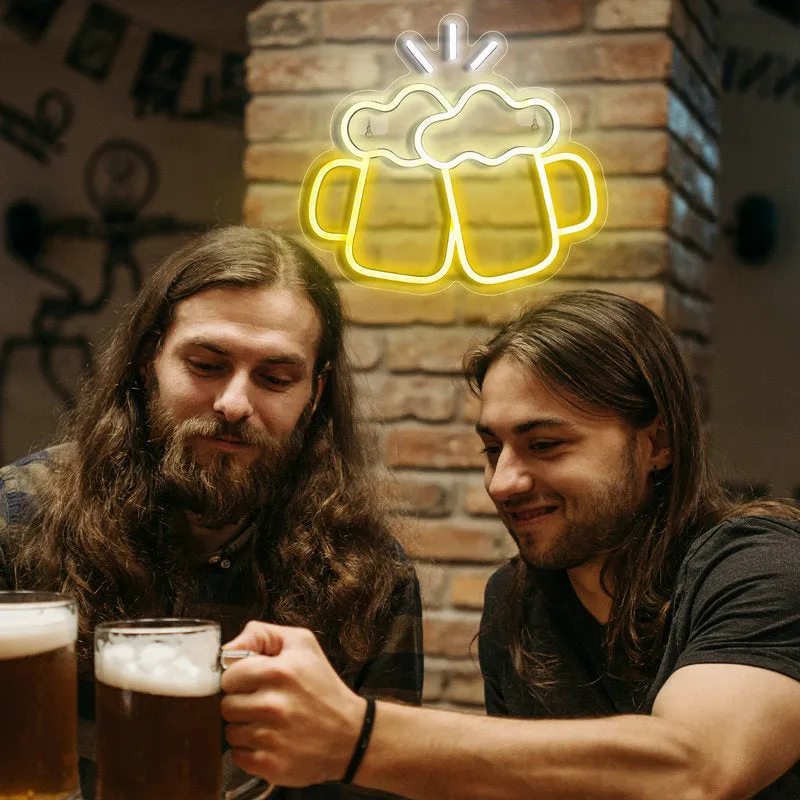 Yellow LED neon sign reading Bar Beer Cheers with acrylic background