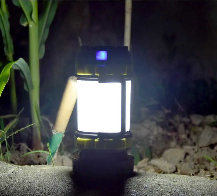 Green LED camping light with handle, USB charging, front T6 beads and side SMD lights