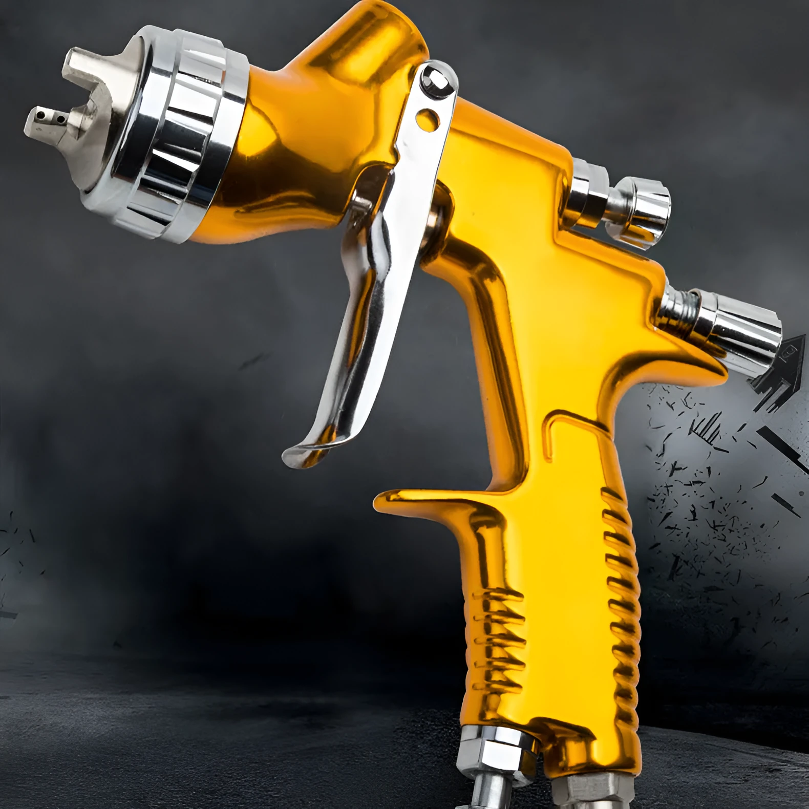 Gold aluminium alloy HVLP paint spray gun with 600cc plastic gravity cup and 1.3mm nozzle