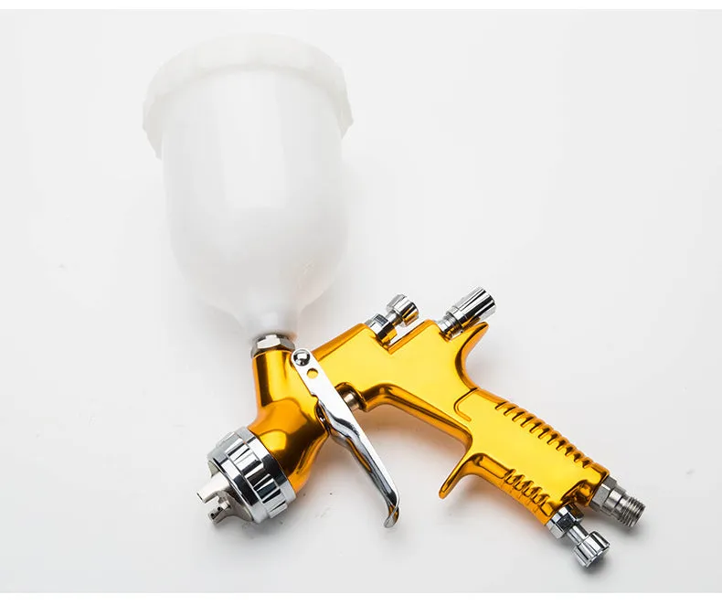 Gold aluminium alloy HVLP paint spray gun with 600cc plastic gravity cup and 1.3mm nozzle