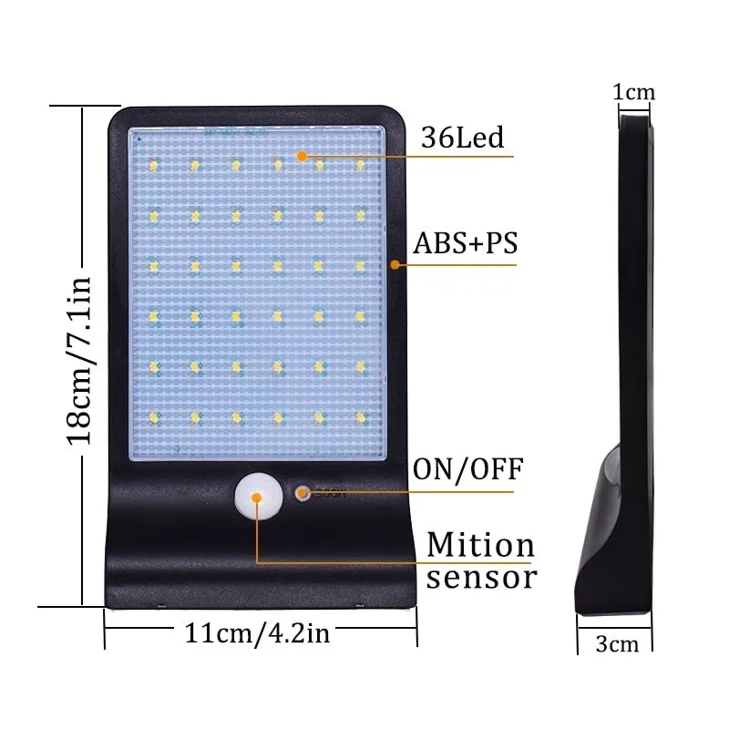 36LED solar outdoor garden light in black with ABS and PP construction, rechargeable battery