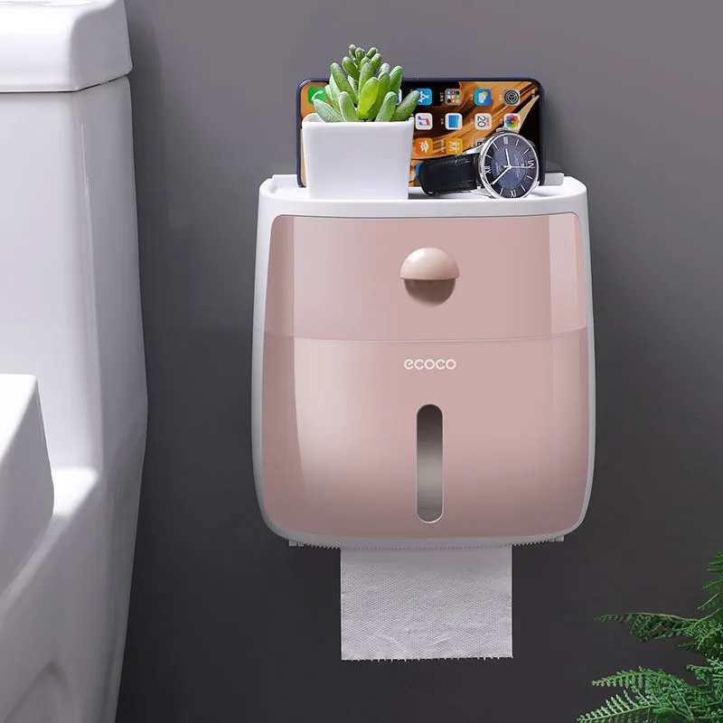 Double-layer waterproof plastic tissue box with pumping rack in Black, Blue, Grey, Pink for kitchen or bathroom