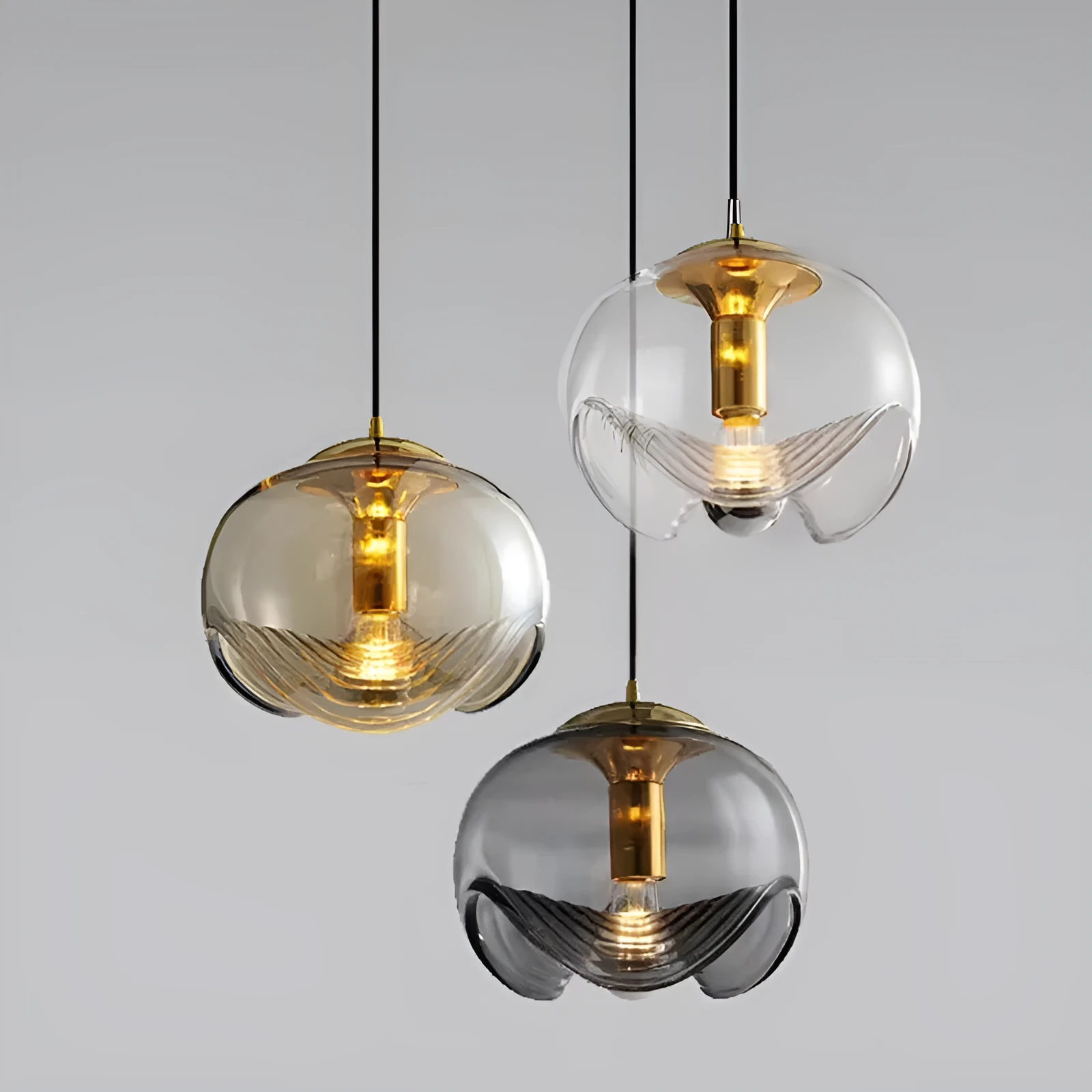 Modern minimalist glass chandelier bedside lamp with 250mm diameter in transparent, amber, or smoky grey light colour options